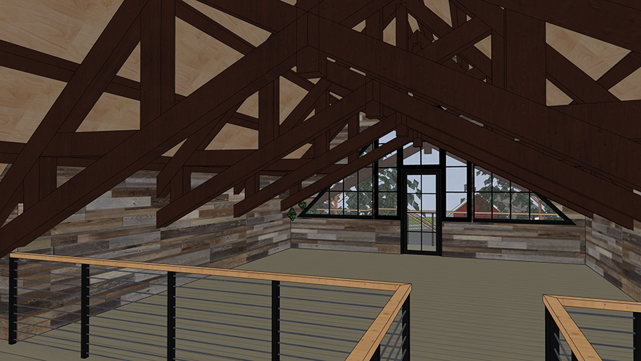 A rendering of the upstairs mezzanine featuring arching a-framed beams and exposed wood siding along the walls